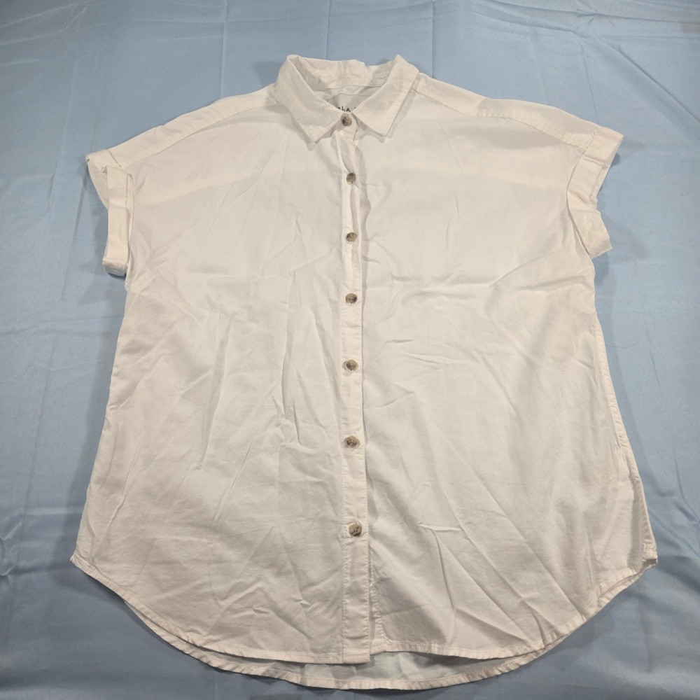 Lola River Womens White Short Sleeve Button Down Shirt Cuffed Cap Sleeve Large